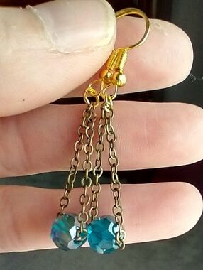 Hand Crafted Gold Chain Drop Earrings with Teal Crystal Beads